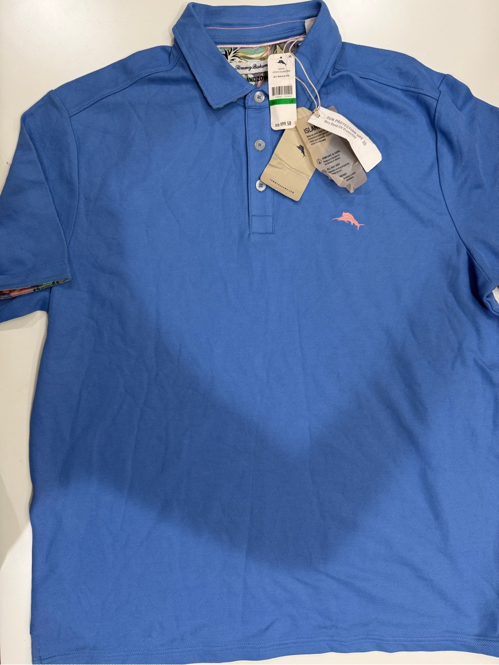 Tommy Bahama Sky Blue Polo with Pink Marlin Logo